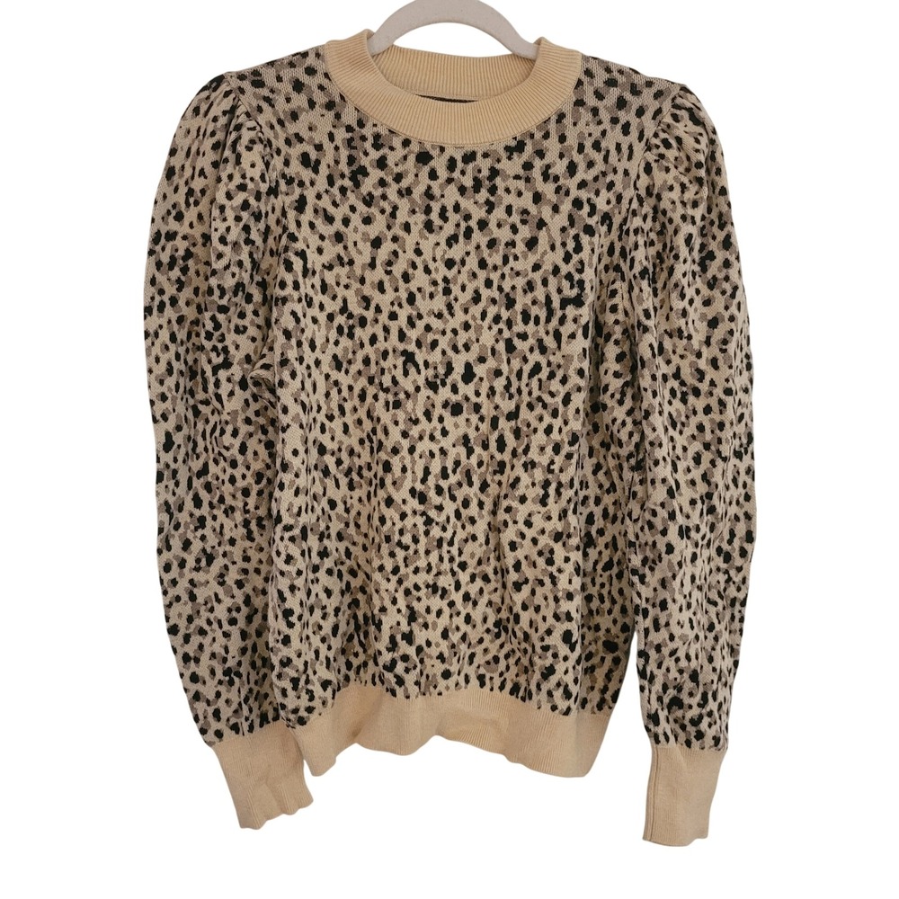 Who What Wear Leopard Knit Puff Sleeve Crewneck Sweater Tan Black Medium Cheetah